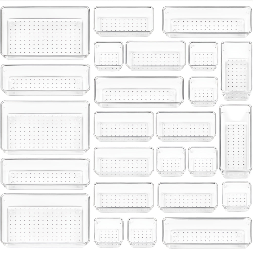 25-Piece Clear Storage Trays Drawer Organizer Set 4 Sizes for Desk Dresser Kitchen Cosmetics Flatware Under Bed Organization