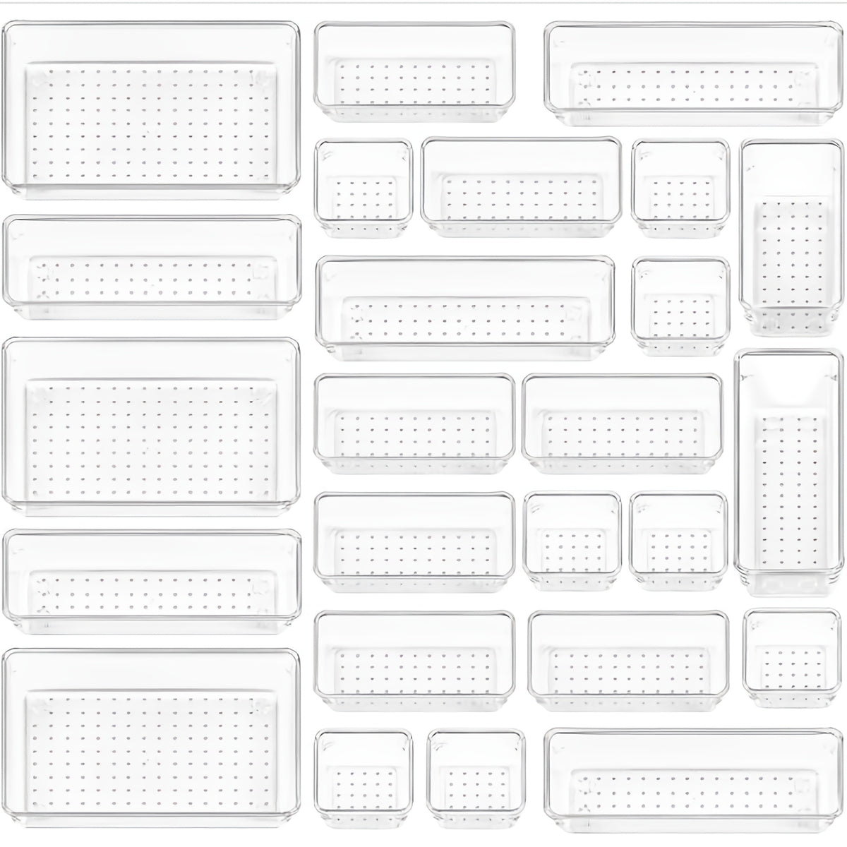 25-Piece Clear Storage Trays Drawer Organizer Set 4 Sizes for Desk Dresser Kitchen Cosmetics Flatware Under Bed Organization