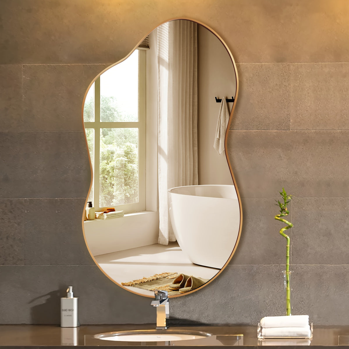 Irregular Wall Mirror Golden Asymmetrical Decorative Mirror Aviation Aluminum Alloy Frame for Bathroom Bedroom Living Room Entryway Cloakroom Modern Home Decor