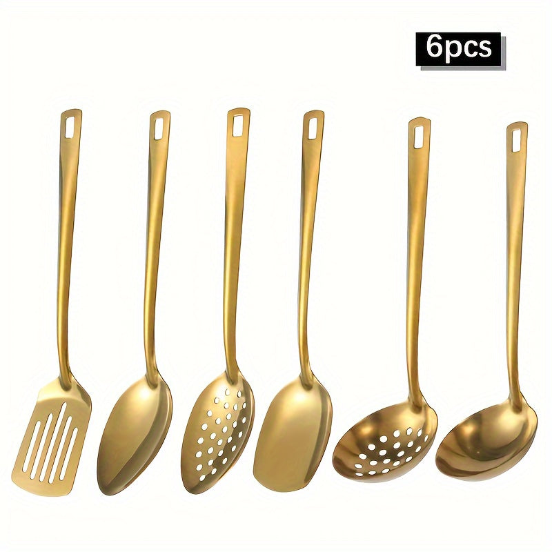 6-Piece Korean Style Stainless Steel Kitchen Utensil Set Golden Plated Cooking Spoons Frying Spatulas Hot Pot Clips with Filters
