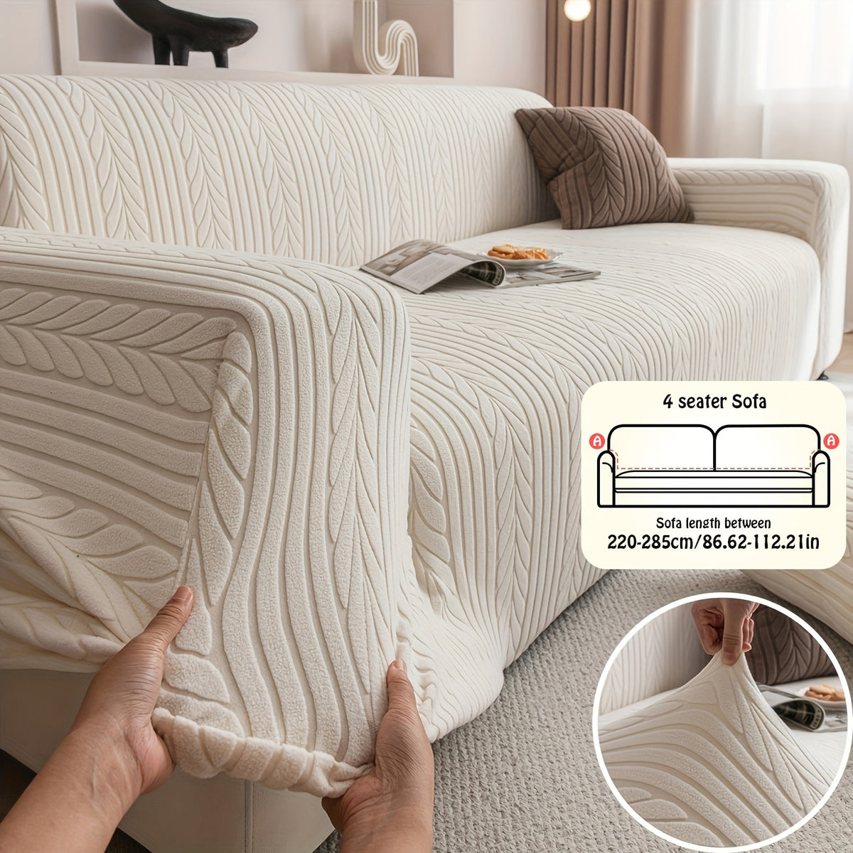 Striped Stretch Sofa Cover 1pc – Washable Non-Slip Scratch-Resistant All-Season Sofa Slipcover for 1 2 3 4 Seater, White Sawtooth Textured Fabric Couch Protector for Living Room Home Decor