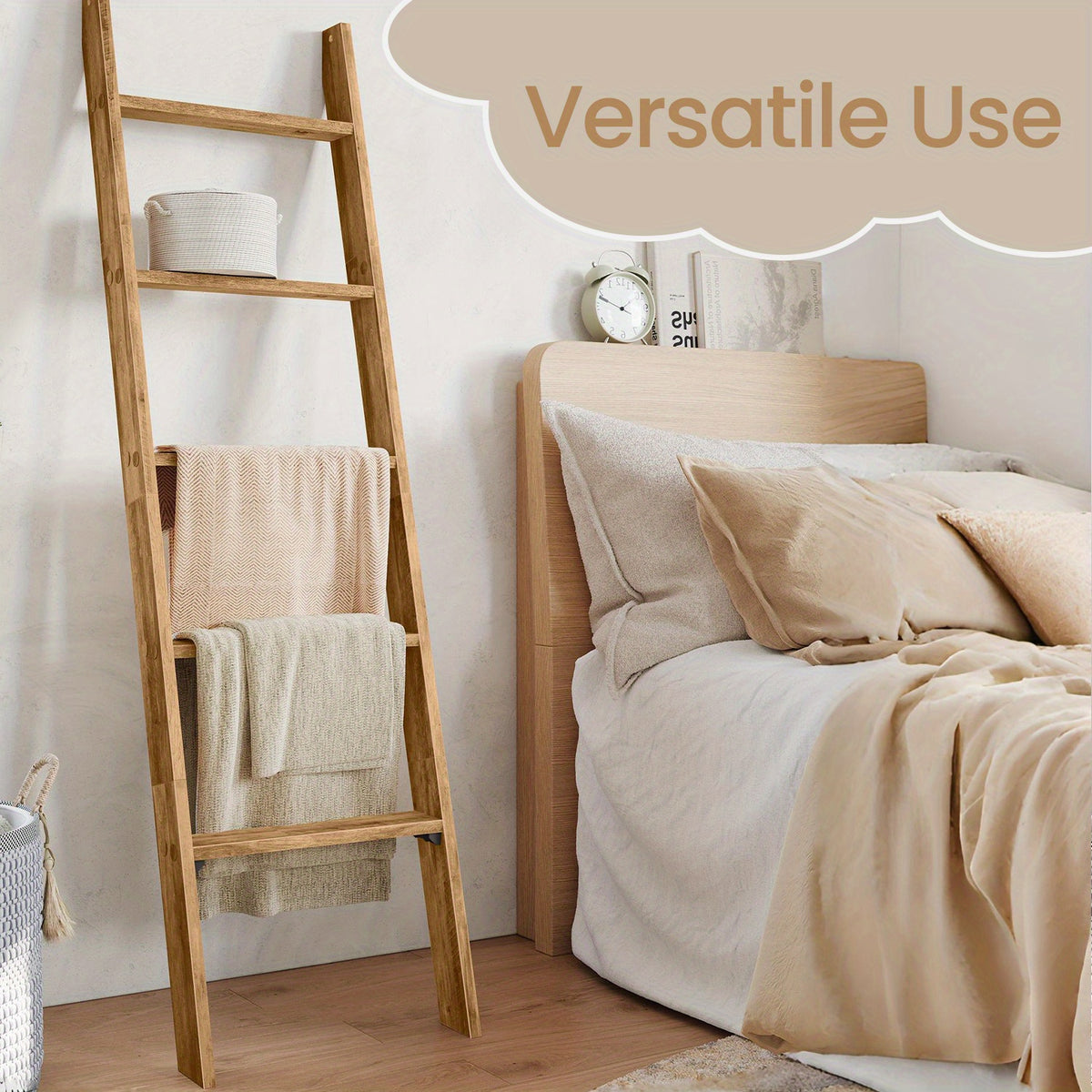 Blanket Ladder 5 Tier Farmhouse Decorative, Wood Ladder Rack for Blankets Towels & Quilts, 2-in-1 Ladder Shelf for Living Room Bedroom Bathroom Storage & Decor, Maroon Brown, Holds 17.6 lbs