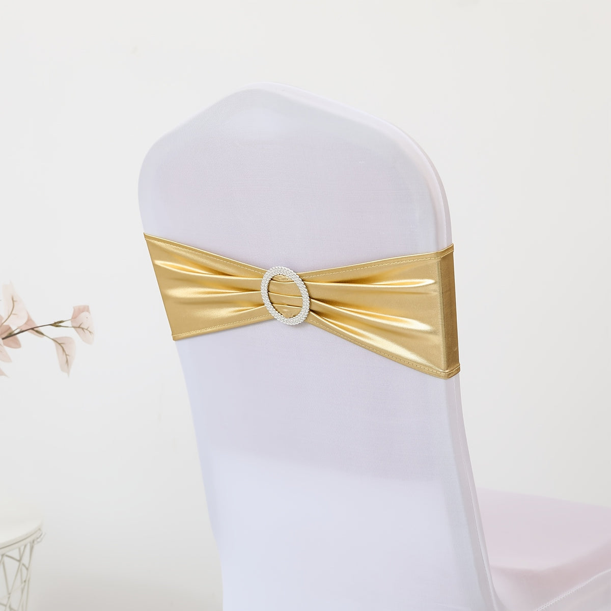 Metallic Spandex Chair Sashes Bow Bands 100pcs – Sparkle Lycra Stretch Chair Ties with Buckle for Wedding, Banquet & Party Decor | Gold, Silver, Rose Gold