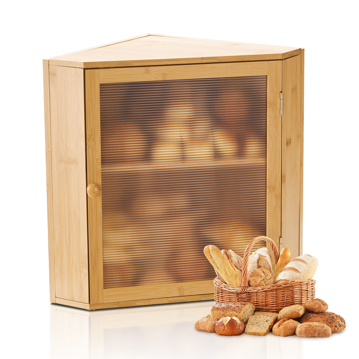 Corner Bread Box for Kitchen Counter Double Layer Bamboo Bread Storage Bin with Adjustable Divider & Acrylic Door - Space Saving Natural