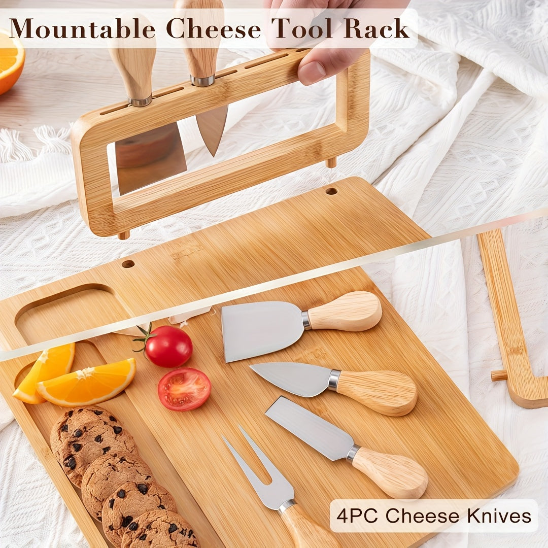 Wood Cheese Board Set with 4 Stainless Steel Knives 14x11 Inch Charcuterie Platter Appetizer Board for Party Wedding Gift Set of 1 or 2