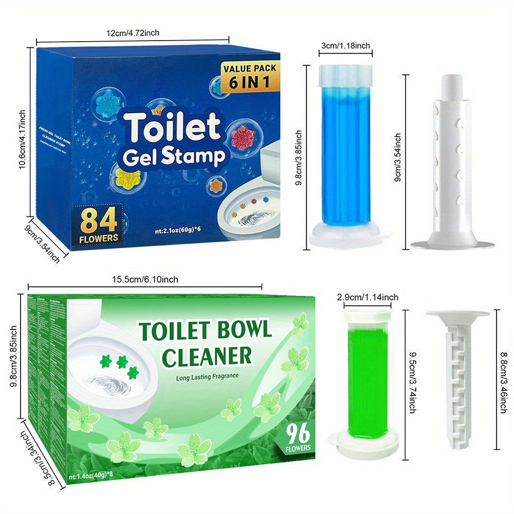 Toilet Cleaning Gel Stamps with Dispenser & Air-Freshening Fragrance – 8 Pieces / 96 Gel Patterns Toilet Bowl Cleaner for Ceramic Surfaces, Bathrooms & Kitchens