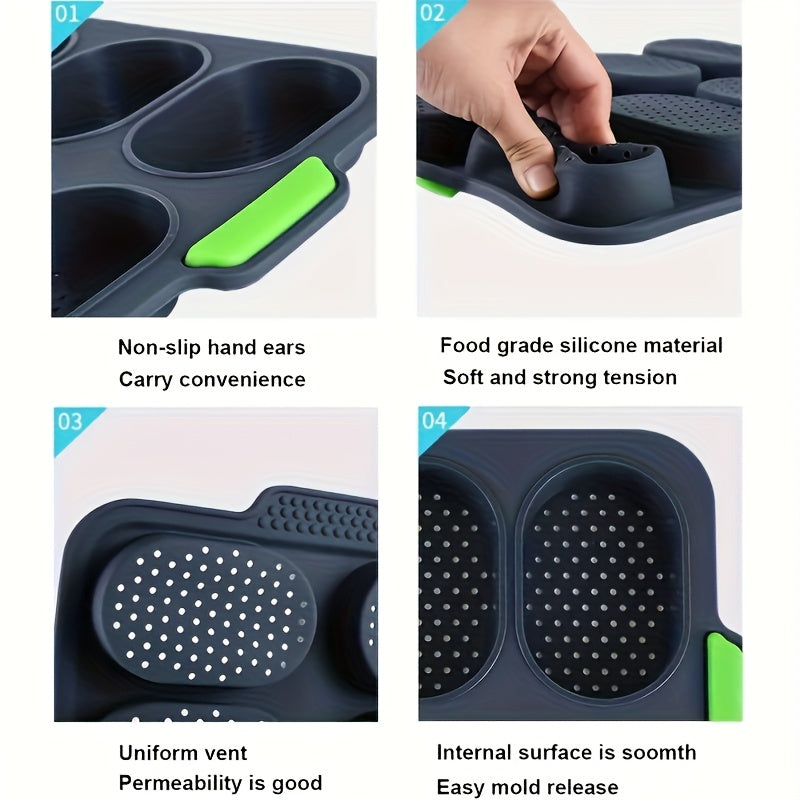 Silicone Bread Baking Pan 8-Cavity Non-Stick Perforated French-Style Mold – Food-Grade Mini Bread Tray with Handle for Homemade Rolls, Hot Dog Buns & Dinner Rolls, Dishwasher & Oven Safe