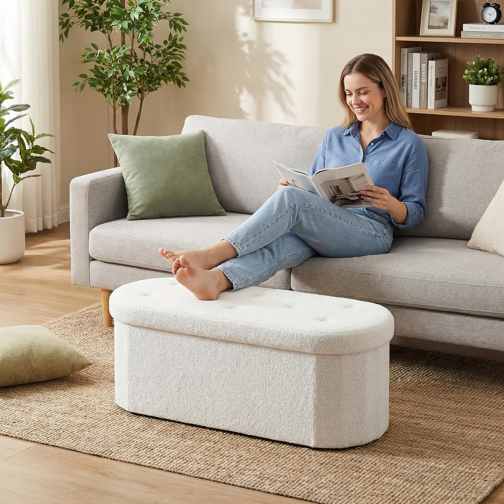 Folding Storage Ottoman Bench – Oval Round Cushioned Foot Stool with Storage Chest, 250 lb Capacity, 30" & 43", Black & White