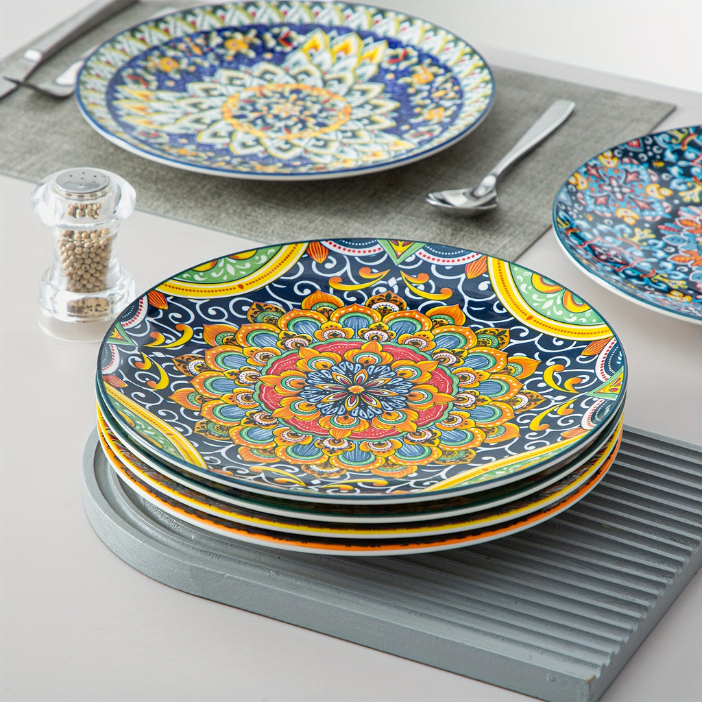 Bohemian Stoneware Dinner Plate Set of 6 – 10.5 Inch Colorful Hand-Painted Ceramic Plates | Microwave & Dishwasher Safe | Home, Restaurant & Wall Decor