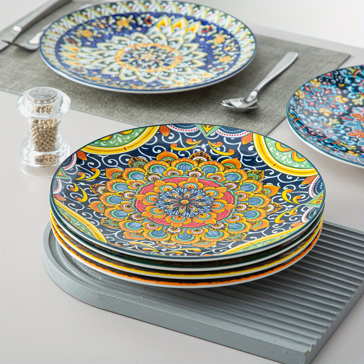 Bohemian Stoneware Dinner Plate Set of 6 – 10.5 Inch Colorful Hand-Painted Ceramic Plates | Microwave & Dishwasher Safe | Home, Restaurant & Wall Decor