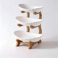 Stackable Tiered Fruit Plate with Wood-Look Design, 2 or 3 Tier Plastic Serving Tray Stand for Snacks, Bread & Fruit, Space-Saving Living Room Kitchen Countertop Organizer, Easy to Assemble