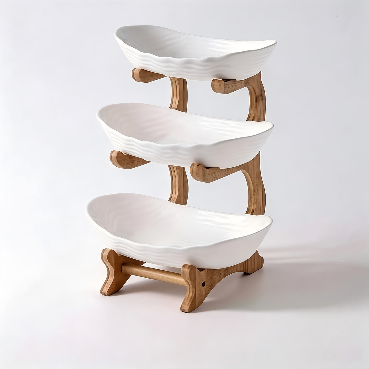Stackable Tiered Fruit Plate with Wood-Look Design, 2 or 3 Tier Plastic Serving Tray Stand for Snacks, Bread & Fruit, Space-Saving Living Room Kitchen Countertop Organizer, Easy to Assemble