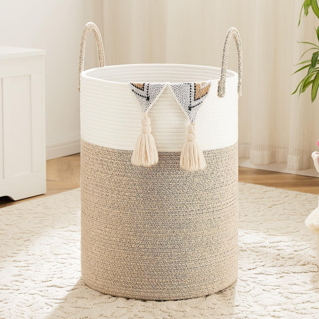 Collapsible Woven Rope Laundry Basket & Hamper - 4 Sizes (12-26 Gal), Cotton Rope Storage Basket for Dirty Clothes, Blankets & Toys, Boho Bathroom Nursery & Living Room Decor