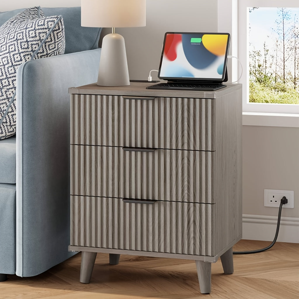 Nightstand with Charging Station – 3-Drawer Bedside Table with 2 USB Ports & 2 AC Outlets, Small Bedroom Side Table | Set of 1 or 2 | Wood, Black, White, Brown