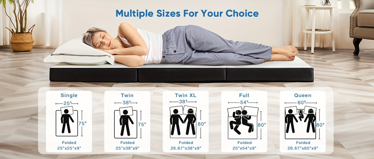 Portable Tri-Fold Memory Foam Mattress | 3" & 4" Foldable Floor Mattress with Washable Cover – Camping, Guest, Floor Sleeping | Single, Twin, Twin XL, Full, Queen