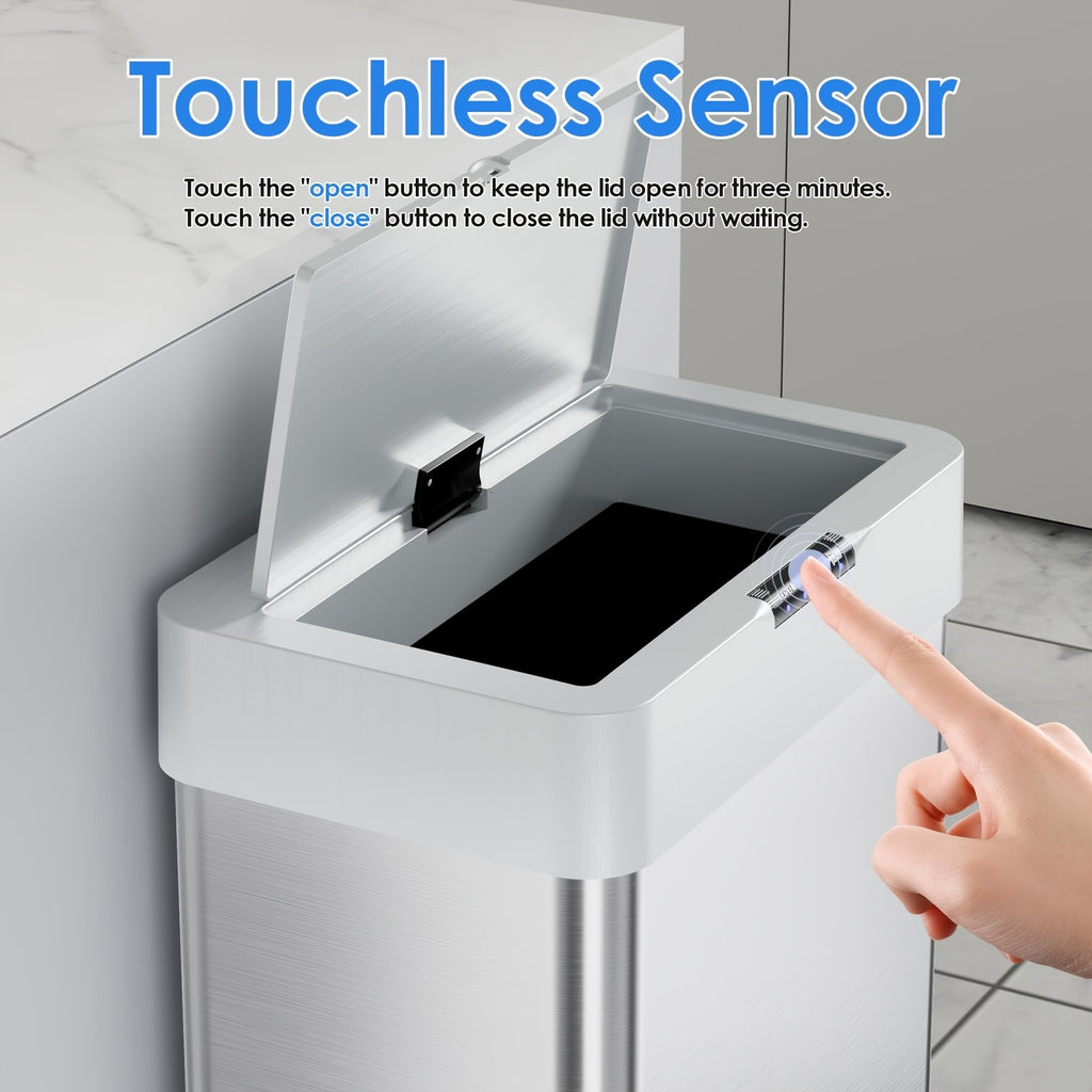 Motion Sensor Trash Can 13.2 Gallon & 15.8 Gallon Touchless Automatic Garbage Can Brushed Stainless Steel Smart Bin Soft Close Lid Bag Holder Kitchen Bedroom