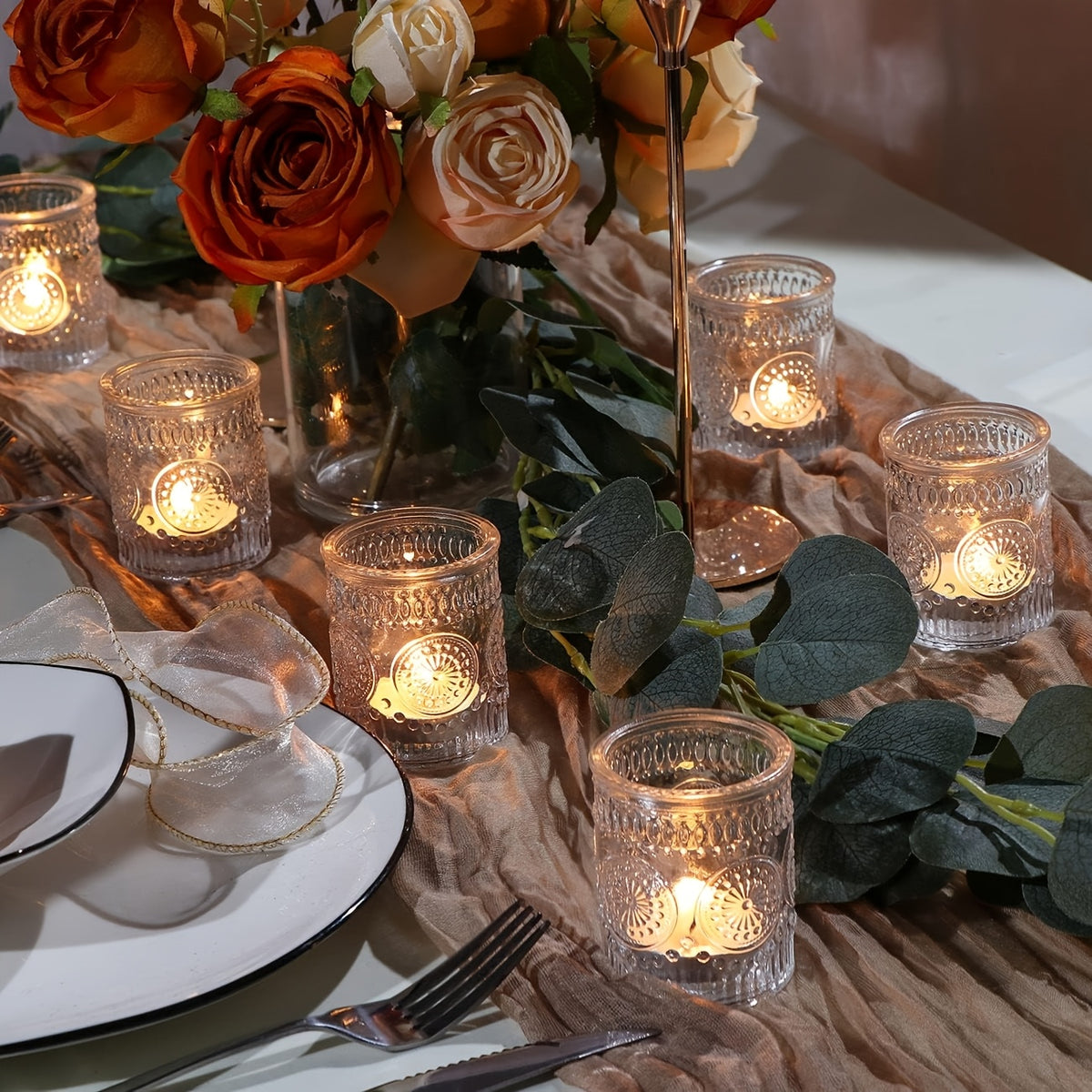 Glass Votive Candle Holders Bulk Set 6/12/24pcs – Shimmering Multi-Hued Hurricane Glass for Wedding, Christmas, Thanksgiving, Valentine’s Day & Holiday Party Tabletop Decor