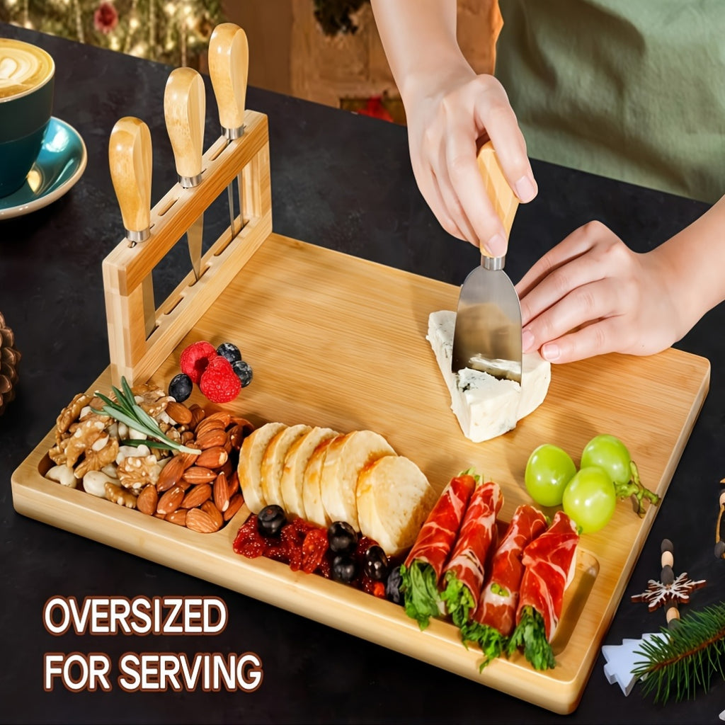 Wood Cheese Board Set with 4 Stainless Steel Knives 14x11 Inch Charcuterie Platter Appetizer Board for Party Wedding Gift Set of 1 or 2