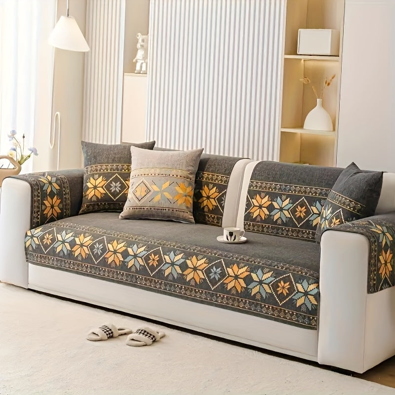 Chenille Sofa Slipcover Non-Slip Removable Couch Cover, 100% Polyester Boho Vintage Style Sofa Towel for 1 to 4-Seater Sofas & Armrests, Four Seasons Universal Home Decor in Dark Gray, Light Gray & Blue