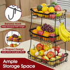Tiered Metal Fruit Basket with Banana Hook & Wooden Handle – 2 & 3 Tier Countertop Produce Organizer for Kitchen | Removable Tiers | Bread, Vegetable & Fruit Storage