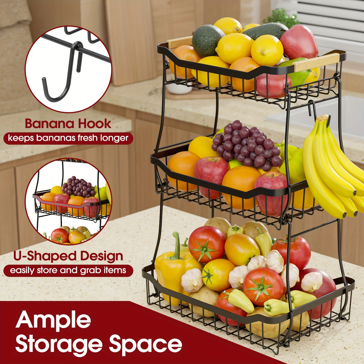 Tiered Metal Fruit Basket with Banana Hook & Wooden Handle – 2 & 3 Tier Countertop Produce Organizer for Kitchen | Removable Tiers | Bread, Vegetable & Fruit Storage