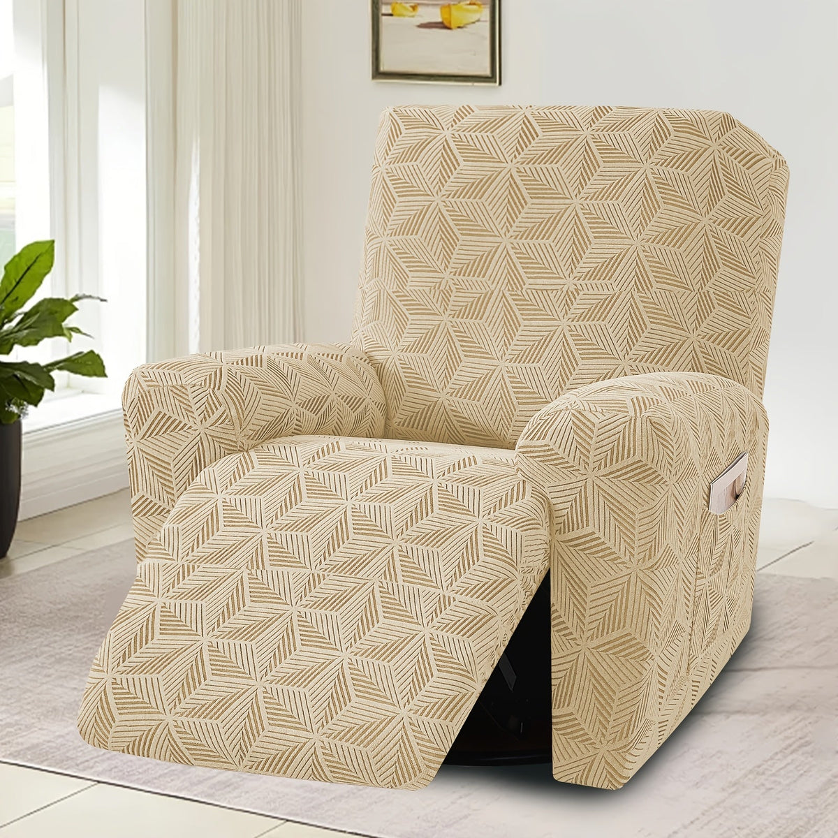 Stretch Spandex Armchair Slipcover with 2 Side Pockets & 2 Armrest Covers, 84% Polyester Jacquard Sofa Cover, Washable Pet Proof Furniture Protector for Living Room & Office, Peacock Blue Green Gray Khaki Coffee