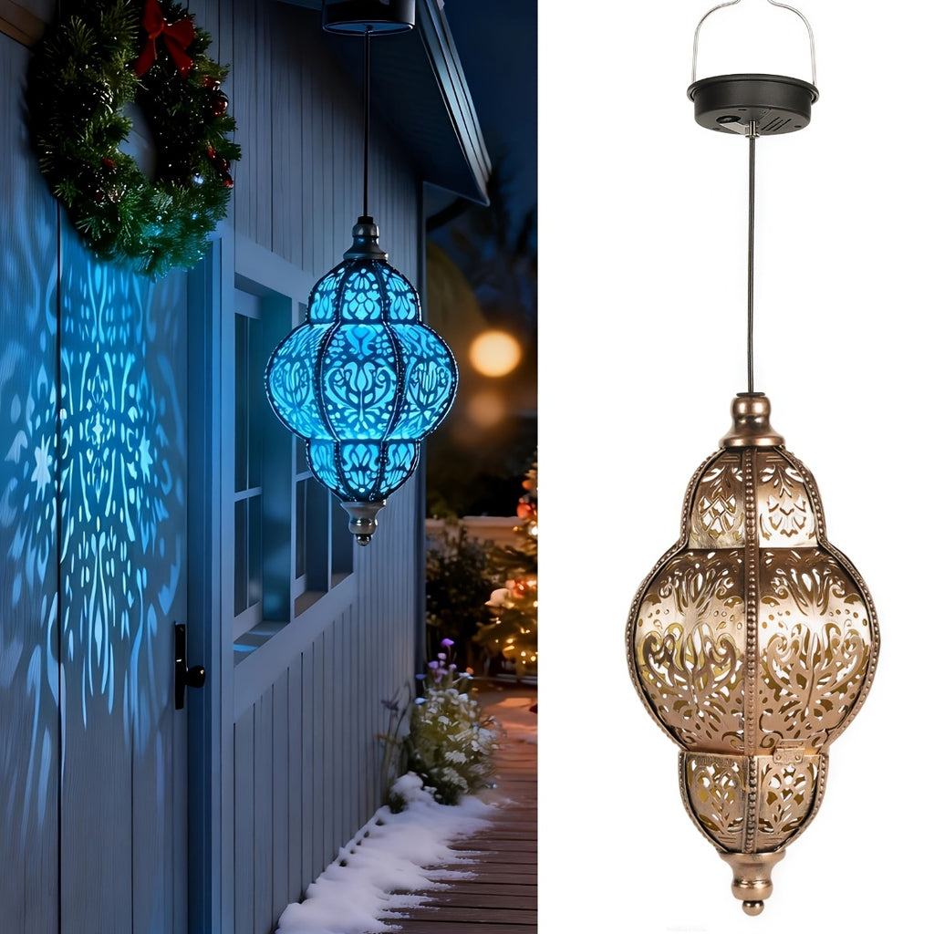 Outdoor Solar Hanging Lantern 27" – Metal Pendant Light Fixture with Removable Solar Panel & Auto Dusk-to-Dawn Sensor for Garden, Patio, Porch, Lawn & Deck, Oil-Rubbed Finish, Gold, Purple or Blue