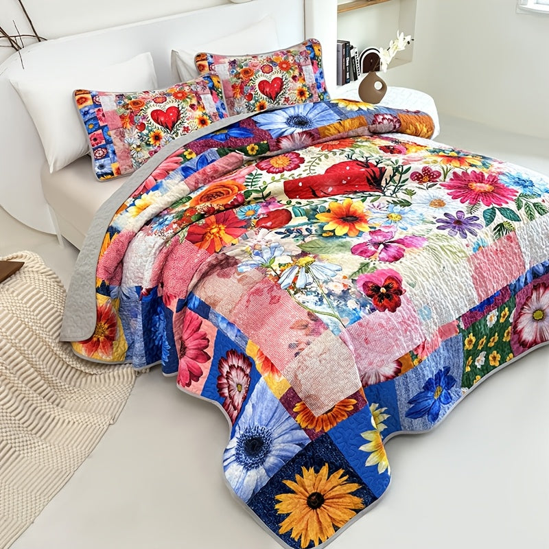 Floral Quilt Set 2 or 3 Piece – Colorful Flowers & Plants Quilted Bedspread with Pillowcases, Soft Breathable Hypoallergenic Machine Washable Bed Cover Twin Queen King