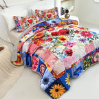 Floral Quilt Set 2 or 3 Piece – Colorful Flowers & Plants Quilted Bedspread with Pillowcases, Soft Breathable Hypoallergenic Machine Washable Bed Cover Twin Queen King