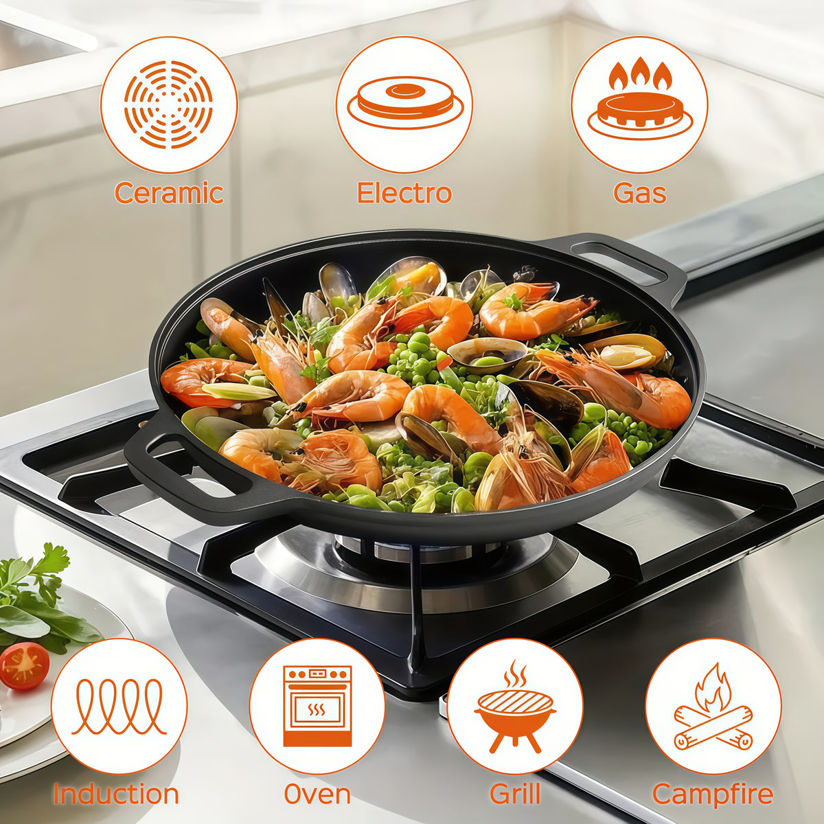 Pre-Seasoned Cast Iron Skillet 14 Inch Dual Loop Handles Nonstick Pizza Pan BBQ Pancake Griddle Oven Stovetop Grill Campfire Safe Even Heating