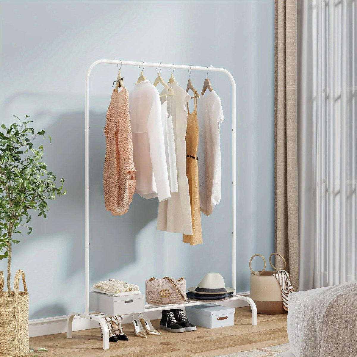 Heavy Duty Portable Clothes Rack with Bottom Metal Shelf – Large Capacity Coat & Shirt Organizer, Easy Assembly, 39.5" x 61.3", Black White Grey Gold