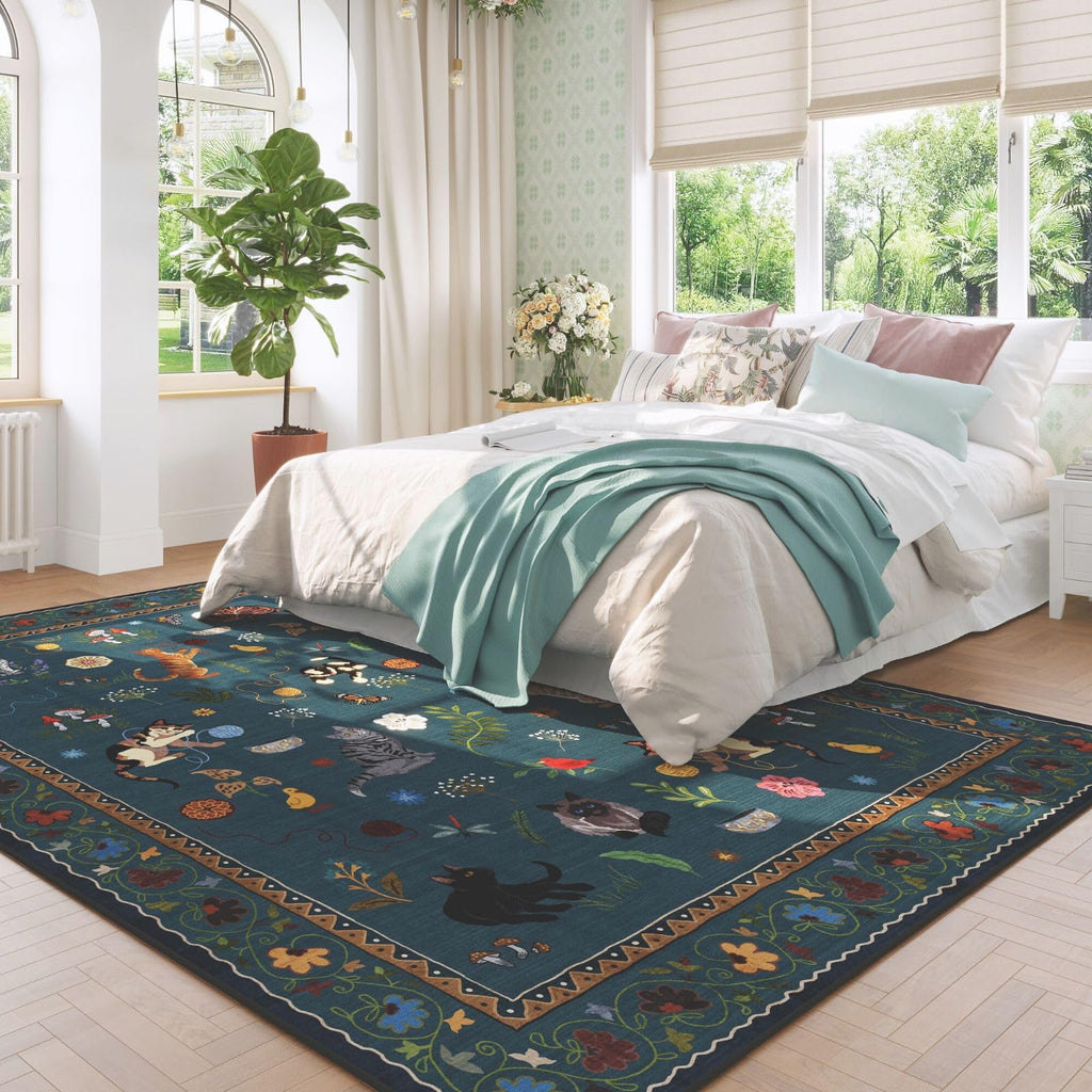 Boho Cat Print Area Rug Low Pile Non-Slip Floral Vintage Indoor Carpet for Living Room Bedroom Dining Room Runner Round Large