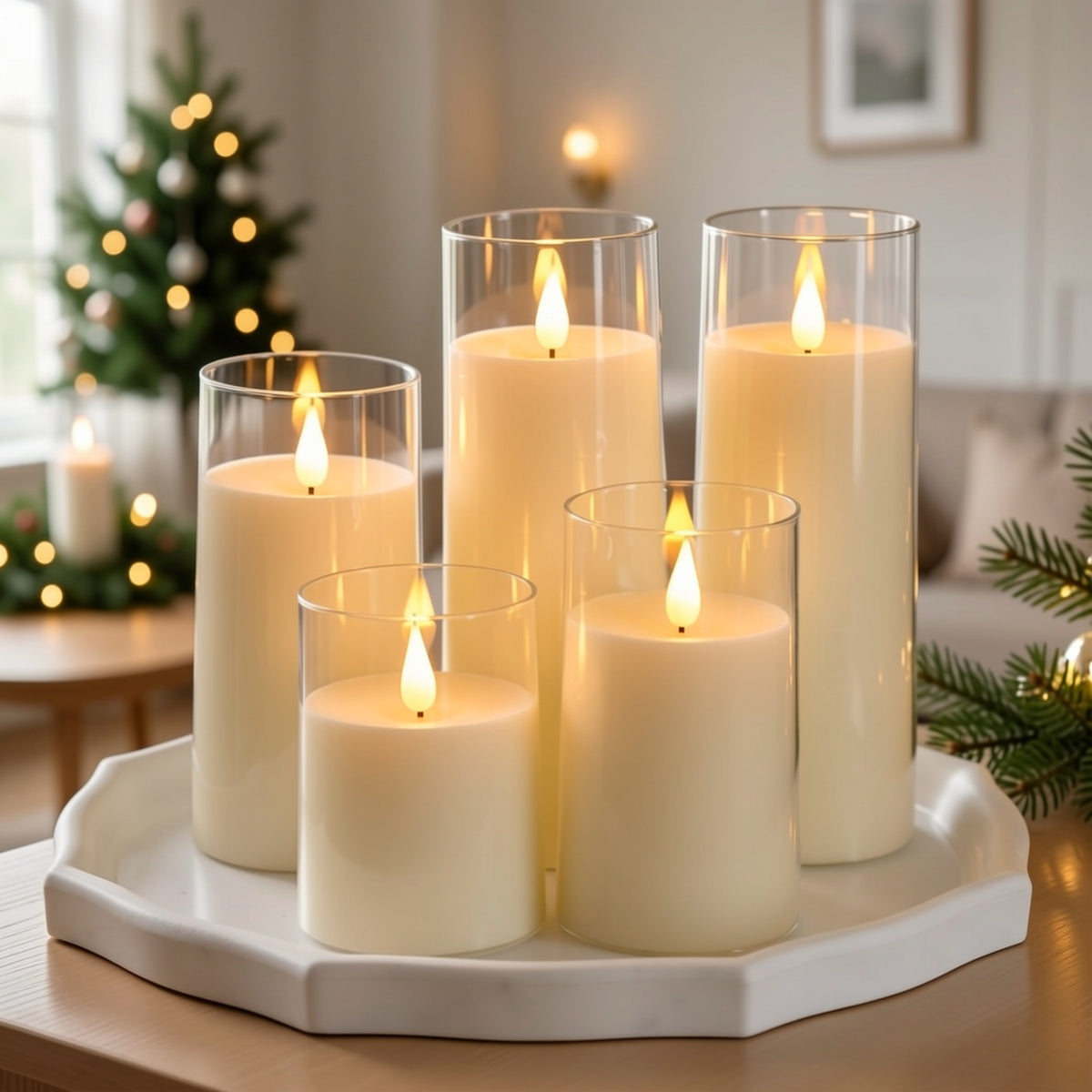 Flameless LED Pillar Candles Set of 5 with Remote Control & Timer, Battery Operated Flickering Candles, 3-Inch Diameter Organic Glass, 4" 5" 6" 8" Sizes - Ivory, Gray & Amber for Home & Halloween Decor