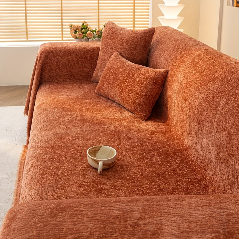 Chenille Sofa Cover with Tassels - Ultra Soft Thick Pet Friendly Couch Slipcover Solid Color 2 3 4 Seater Living Room Decor