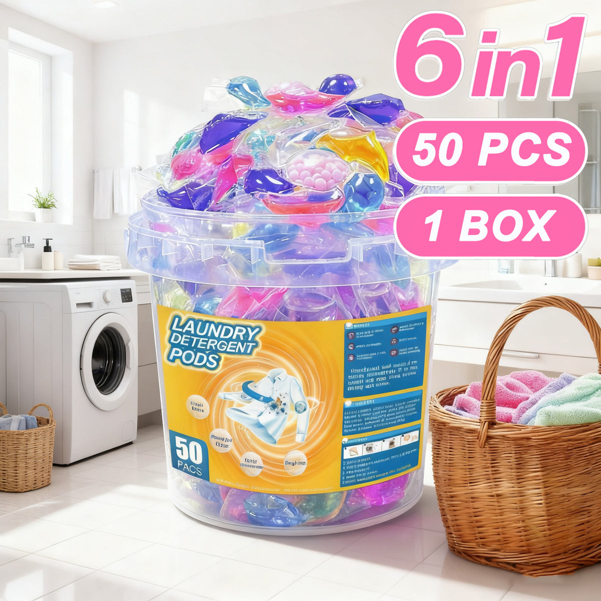 6-in-1 Laundry Detergent Beads with Long-Lasting Fragrance – Laundry Pods for Cleaning & Refreshing, 50 / 100 / 200 Count Value Packs