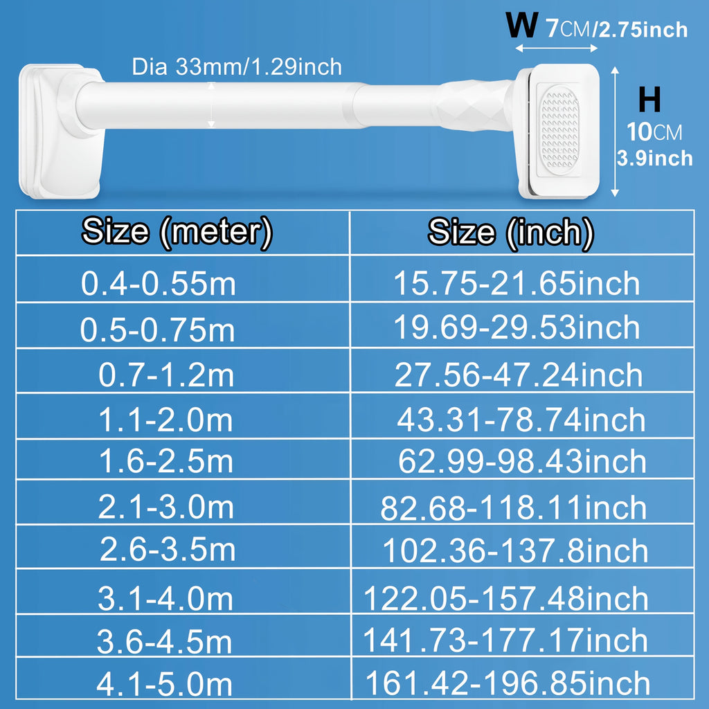 No Drill Telescopic Curtain Rod Adjustable 15.75-196.85in 33mm Extendable Shower Curtain Rod for Large Windows Anti-Slip No Screws