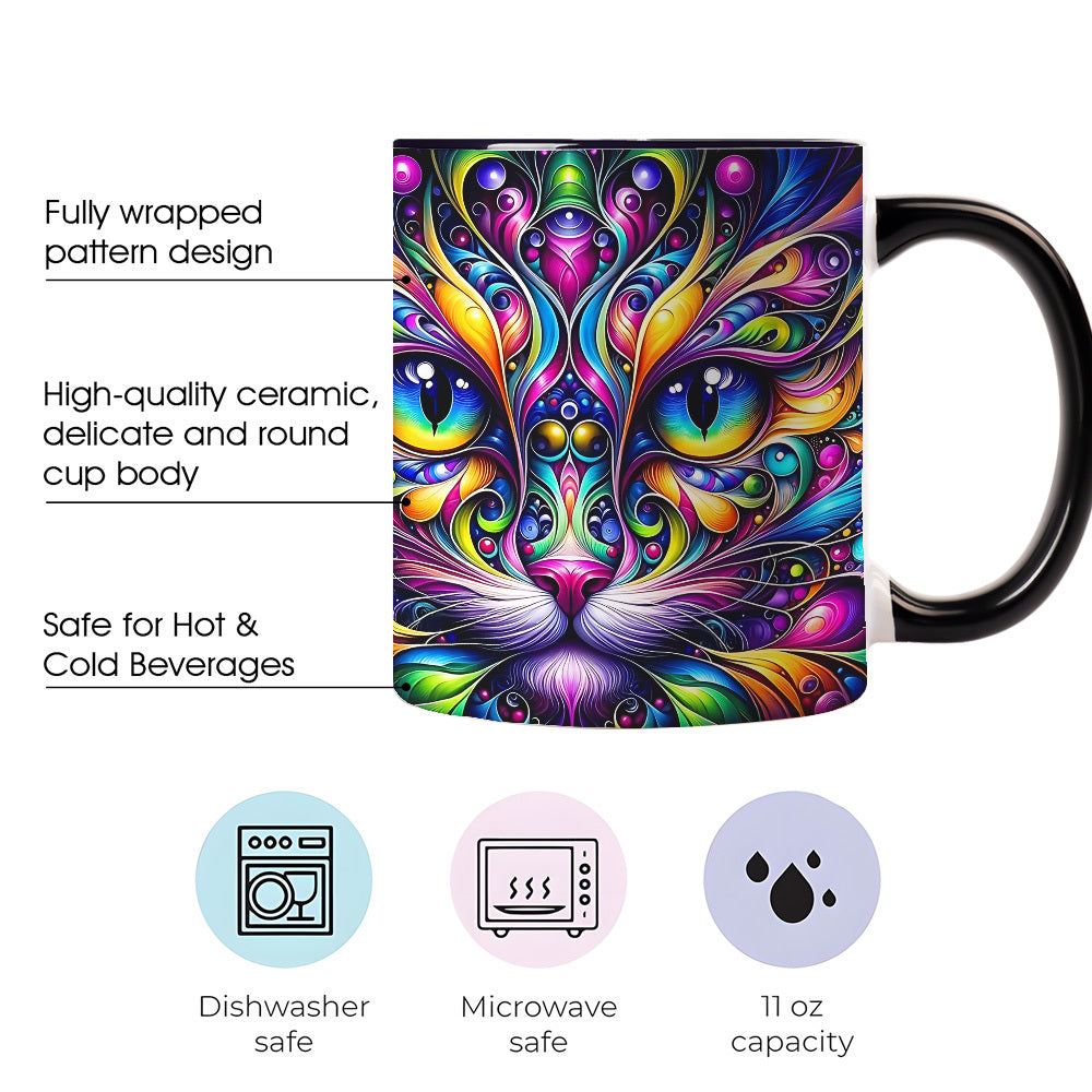 Psychedelic Cat Coffee Mug 11oz - Colorful Cute Cat Design Cup for Cat Lovers, Home & Office Use, Birthday & Holiday Gift