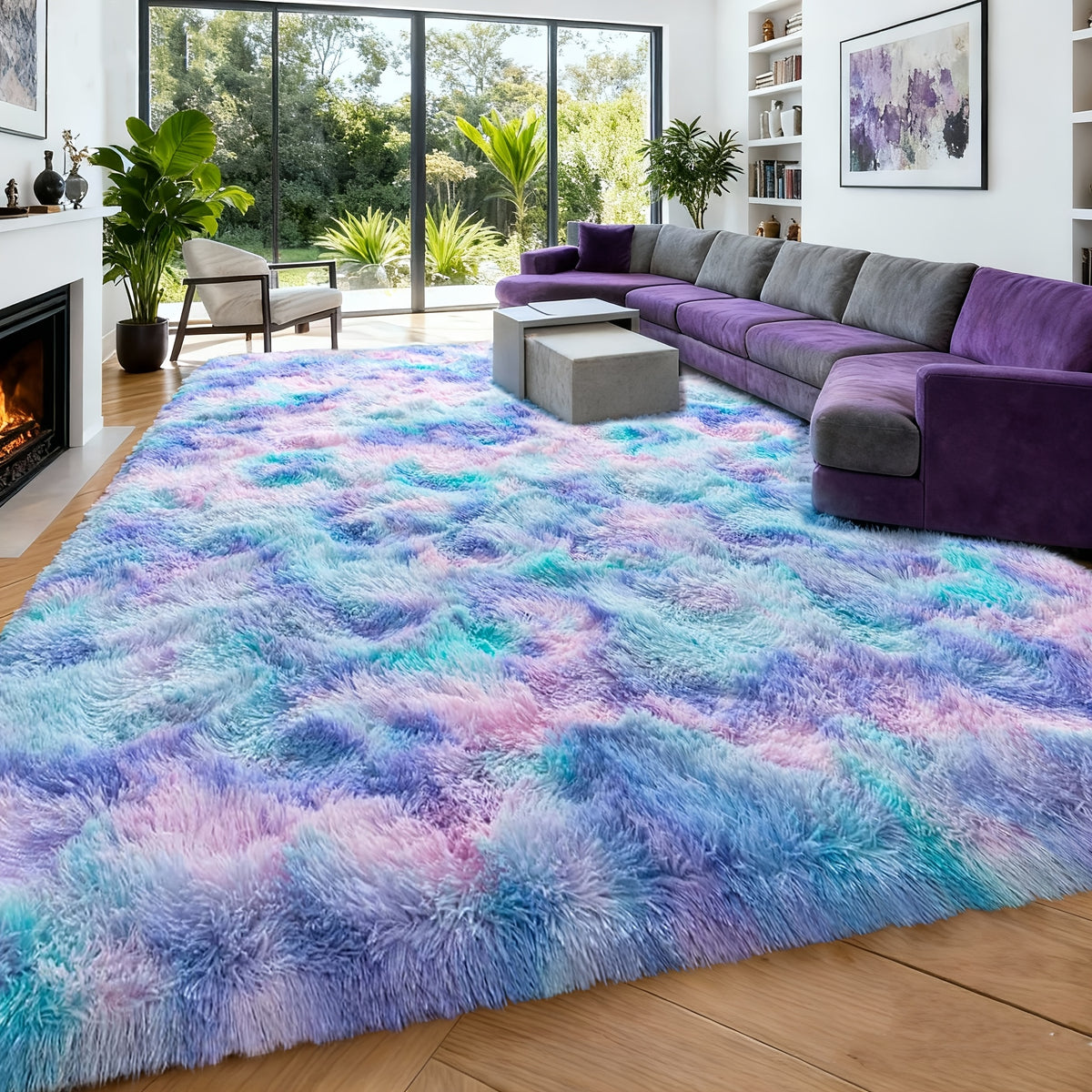 Tie-Dye Rainbow Purple Shag Area Rug Non-Slip Machine Washable, Ultra Soft Fluffy Carpet for Living Room Bedroom Kids Room, 4 Sizes 3x5ft to 8x10ft
