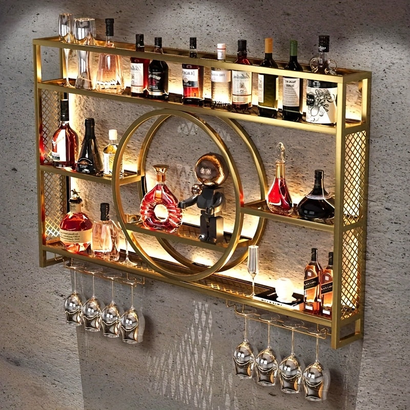 Wall Mounted Wine Bottle Rack with LED Lighting 3-Tier Floating Iron Shelf with Glass Holder for Kitchen Living Room Bar Golden Black 39-55 Inch