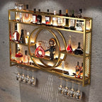 Wall Mounted Wine Bottle Rack with LED Lighting 3-Tier Floating Iron Shelf with Glass Holder for Kitchen Living Room Bar Golden Black 39-55 Inch