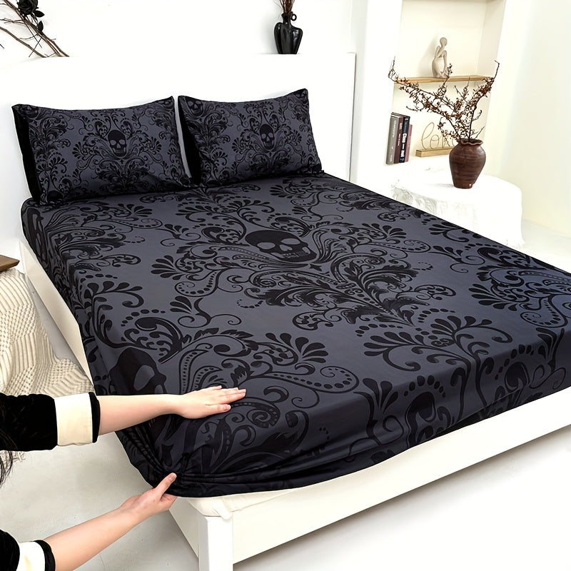 Gothic Skull Fitted Sheet Set 3-Piece – Victorian Baroque Black & Gray Skull Pattern, Deep Pocket 15", Machine Washable Hypoallergenic Bedding, Twin Full Queen King