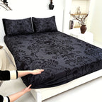 Gothic Skull Fitted Sheet Set 3-Piece – Victorian Baroque Black & Gray Skull Pattern, Deep Pocket 15", Machine Washable Hypoallergenic Bedding, Twin Full Queen King