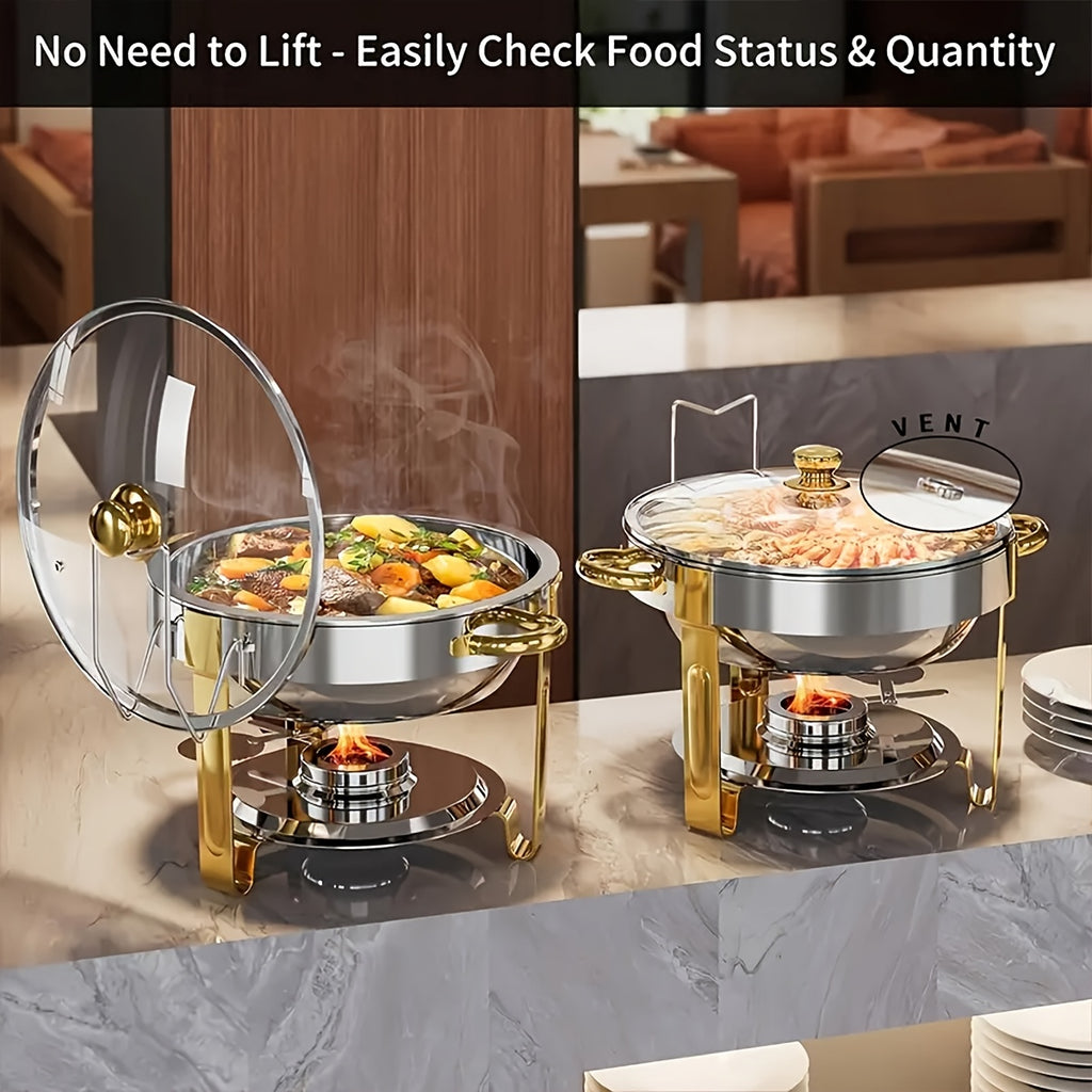 Stainless Steel Buffet Hot Pot Food Warmer Set with Glass Lid & Lid Rack, 5QT Round Chafing Dish for Party Catering Wedding – 1, 2 or 4 Pcs
