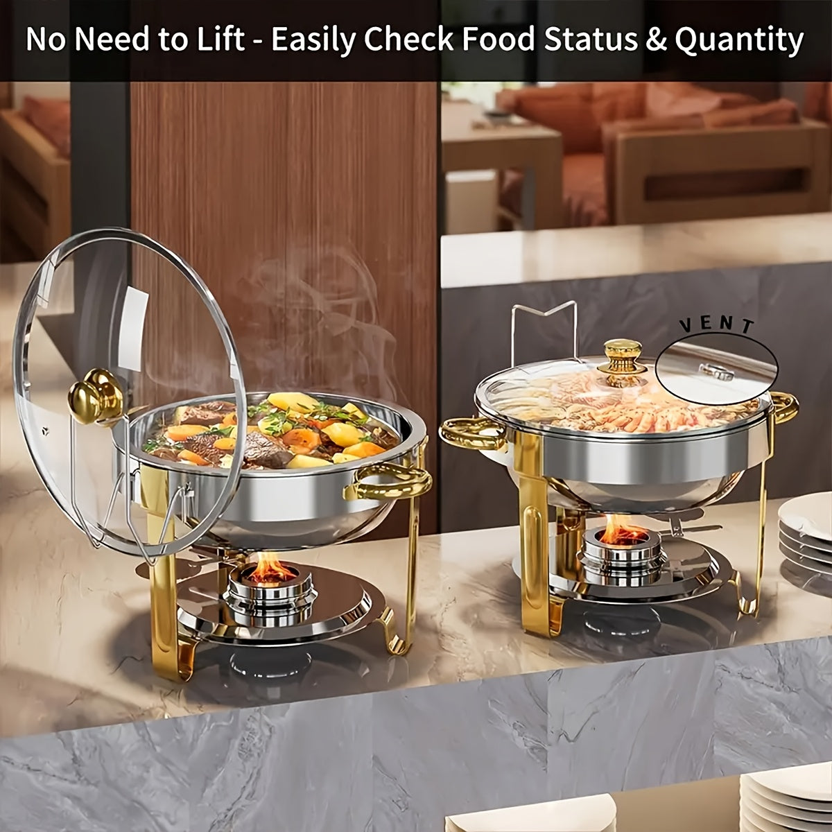 Stainless Steel Buffet Hot Pot Food Warmer Set with Glass Lid & Lid Rack, 5QT Round Chafing Dish for Party Catering Wedding – 1, 2 or 4 Pcs