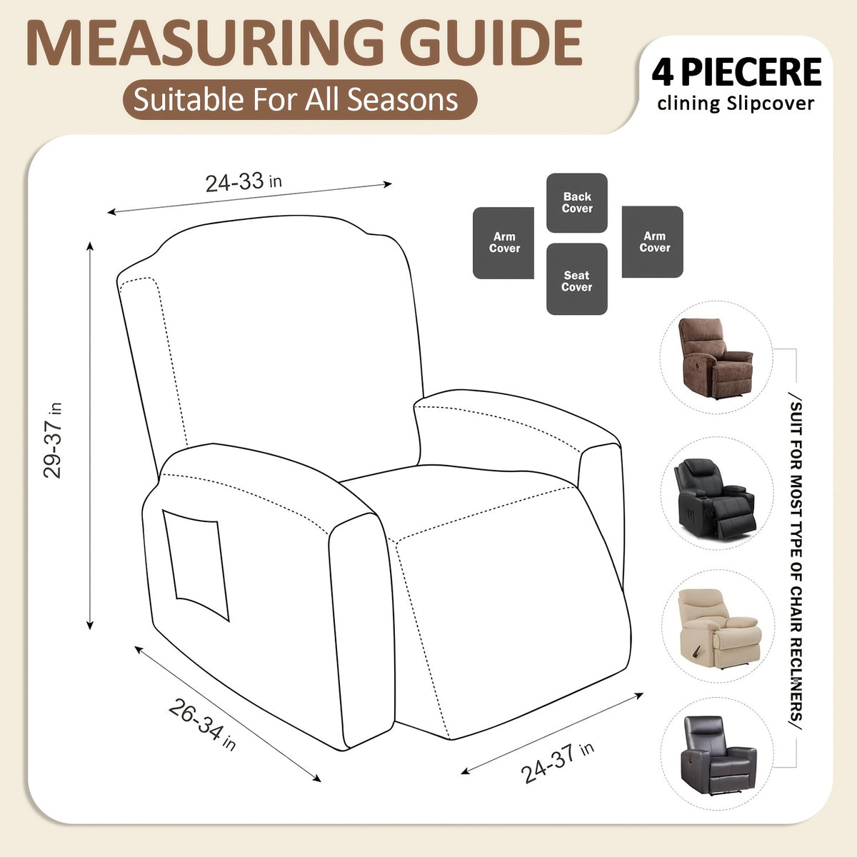 Recliner Sofa Cover 4pcs Set Jacquard Velvet High Elastic with Pocket – Removable Washable Chair & Sofa Protection Cover for Home Hotel, 7 Colors