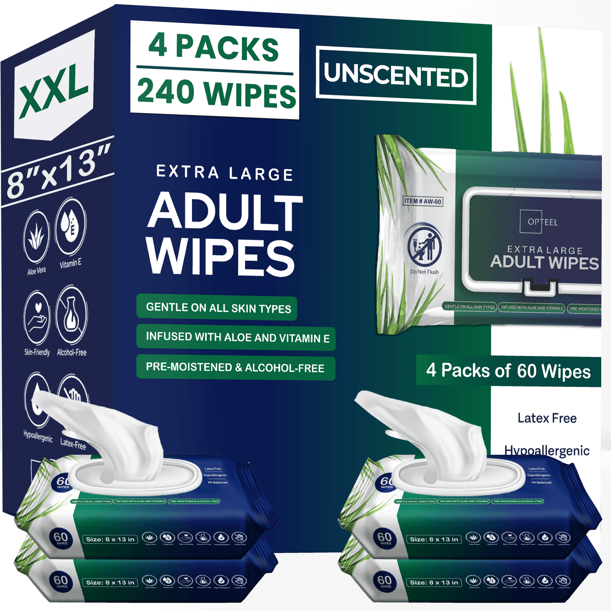 Extra Large Adult Wet Wipes 8"x13" Unscented – Aloe & Vitamin E, Alcohol-Free Bathing Wipes for Seniors & Incontinence Care – 240ct / 720ct