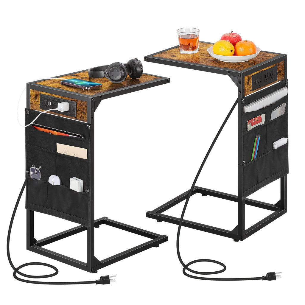 C-Shaped End Table with Charging Station – Sofa Side Table, 50LBS Capacity, Slides Under Sofa, Snack & Laptop Table for Living Room Bedroom (1pc/2pcs, w/wo Storage Bag)