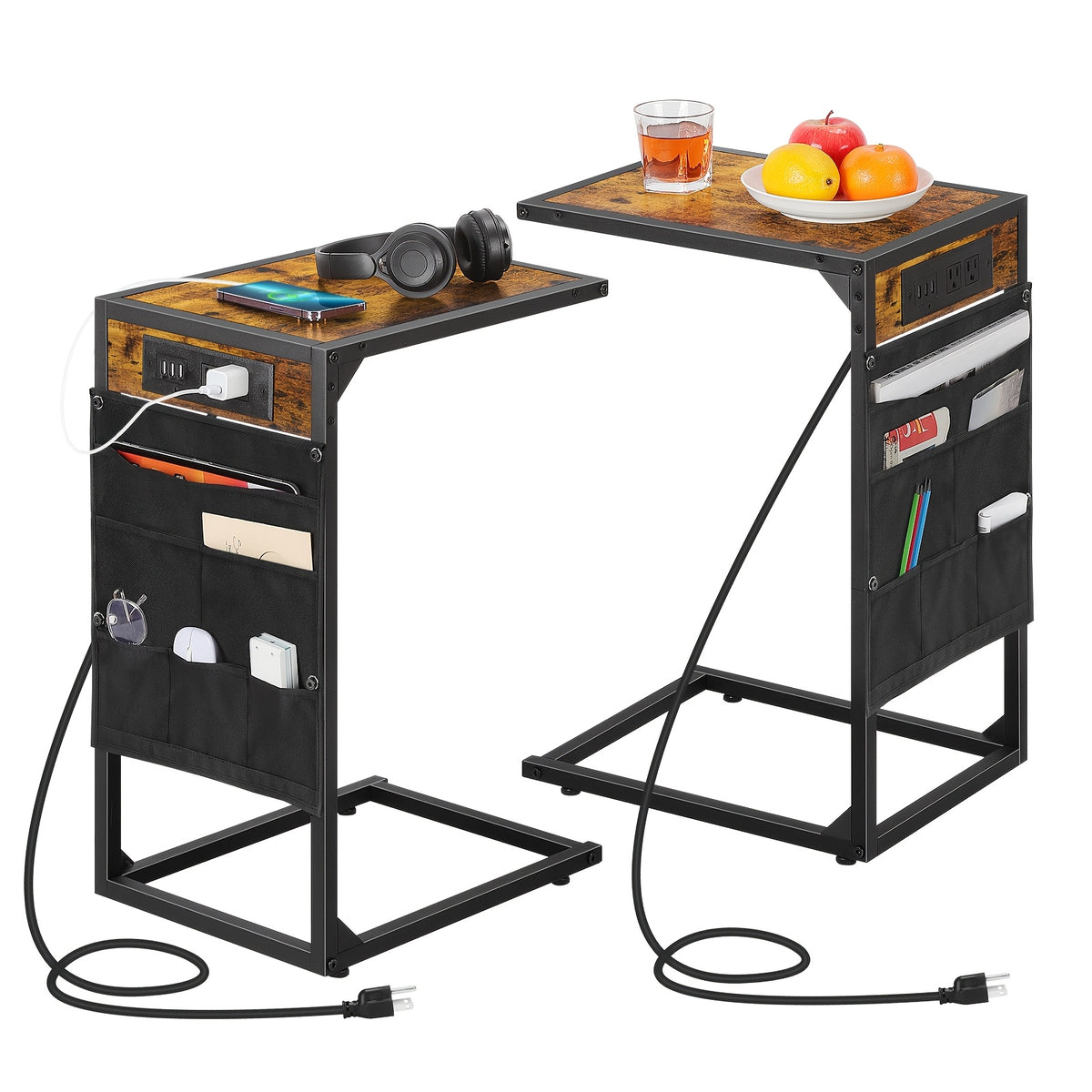C-Shaped End Table with Charging Station – Sofa Side Table, 50LBS Capacity, Slides Under Sofa, Snack & Laptop Table for Living Room Bedroom (1pc/2pcs, w/wo Storage Bag)
