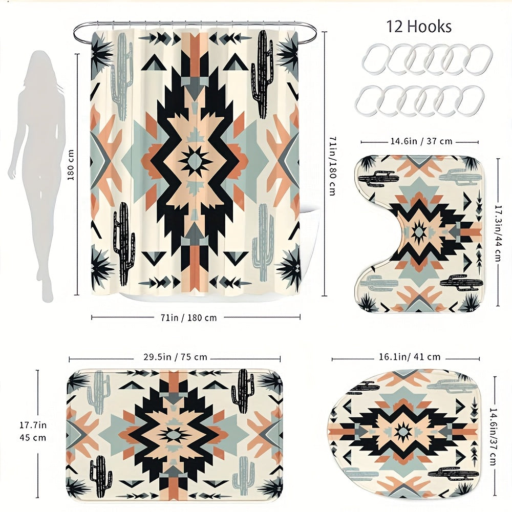 Boho Shower Curtain Set 4 Piece - Bohemian Pattern Bathroom Set with 12 Hooks, Non-Slip Toilet U-Pad & Lid Cover, Colorful Mandala Decor for Apartment Home Bathroom, Holiday Gift