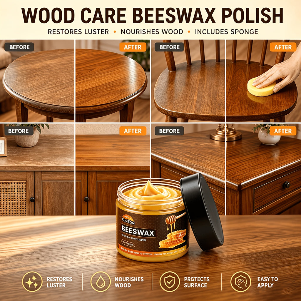 Wood Beeswax Protector Polish with Polishing Sponge – Non-Greasy Formula Boosts Gloss & Durability for Cabinets, Stairs, Cutting Boards & Hardwood Furniture